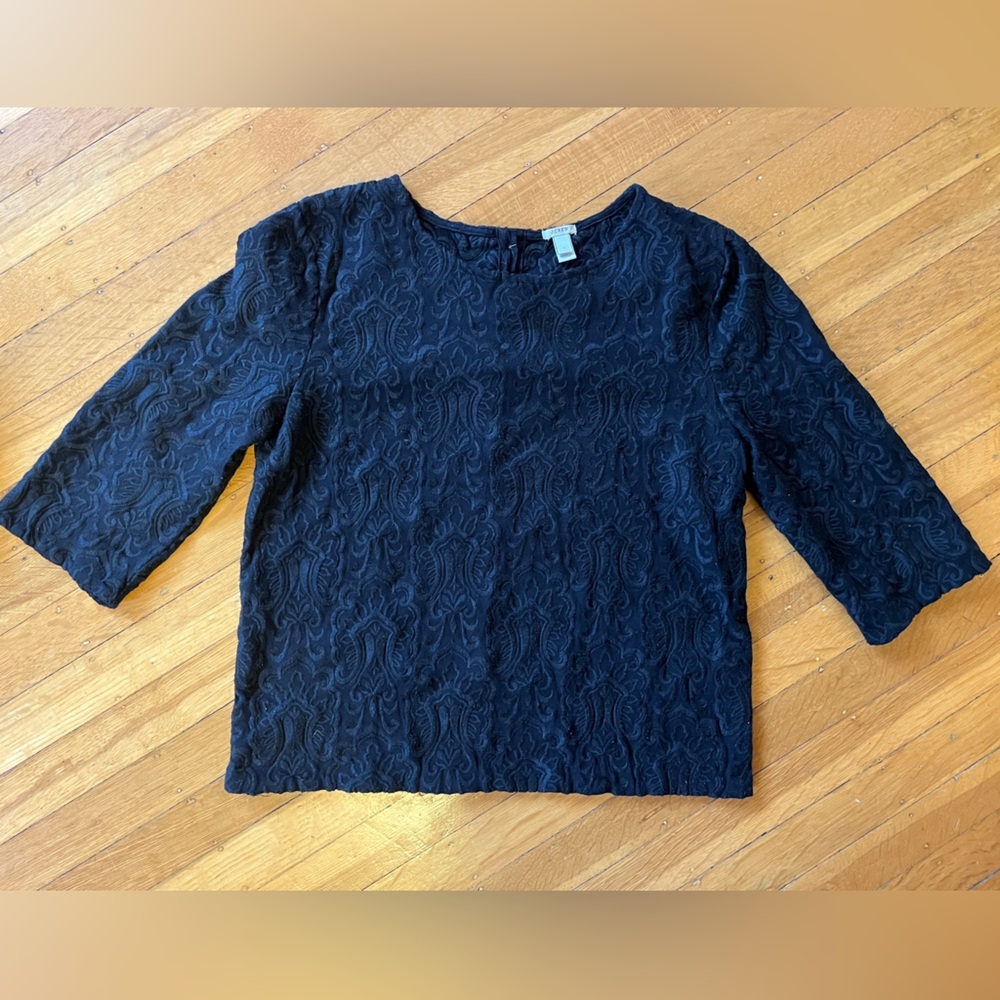 J. Crew black textured lace blouse 3/4 sleeves S brocade embroidered office wear